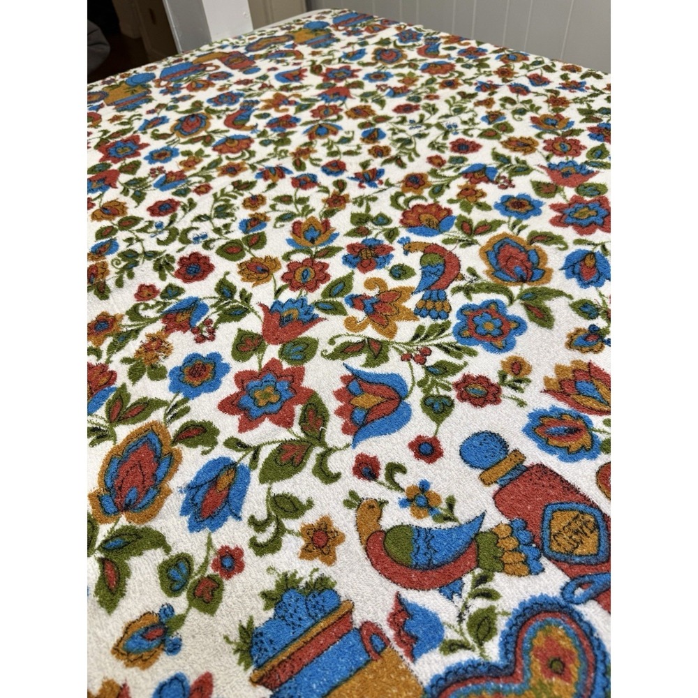 Vintage Folk Art Terry Cloth Tablecloth Floral Birds Kitchen 74x61 Retro Boho